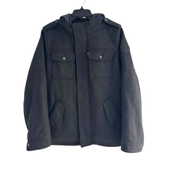 Levi's Men's Sz S Gray Wool Blend Hooded Military Trucker Jacket Charcoal Gray